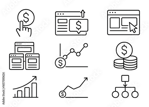 PPC Icon Grid. Outline vector icons of pay-per-click advertising (PPC): dollar click, ad bid, search ad,