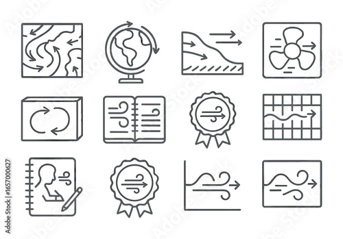 Educational Wind Science Icons. Outline vector icons of educational wind science: weather map, classroom globe