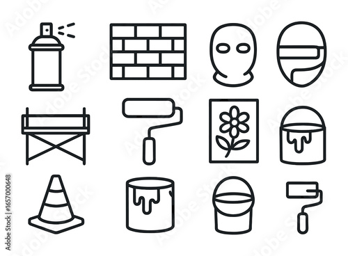 Street Art Tools. Outline vector icons of street art and murals: spray can, brick wall, mask icon, scaffold