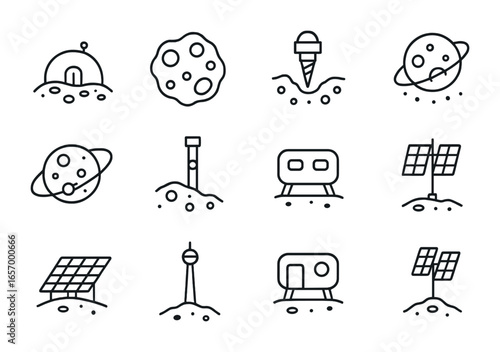 Space Settlement Icons. Outline vector icons of asteroid and lunar settlement: moon base, asteroid habitat,