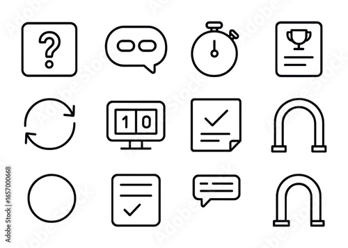 Immersive Test Icons. Outline vector icons of immersive test and quiz systems: question icon, answer bubble,