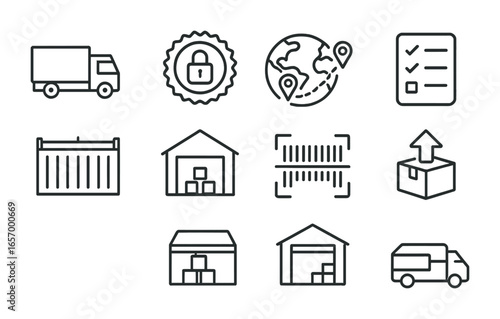 Logistics Icon Grid. Outline vector icons of cross-border freight and logistics: cargo truck, customs seal,