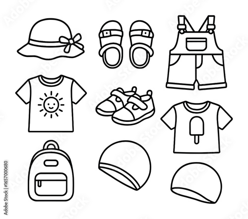 Kids' Summer Outfits Icons. Outline vector icons of kids’ summer outfits: sun hat, sandals, short overalls,