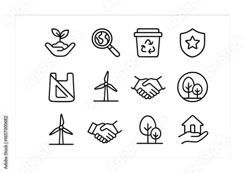 Eco Responsibility Icons. Outline vector icons of environmental responsibility: tree planting, green audit,