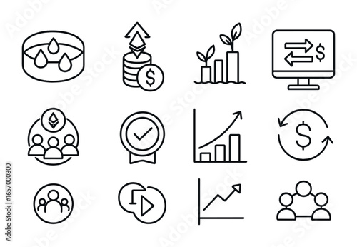DeFi Icons Grid. Outline vector icons of decentralized finance (DeFi): liquidity pool, staking icon, yield