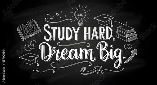 Study Hard Dream Big Chalkboard Motivation with Education Symbols