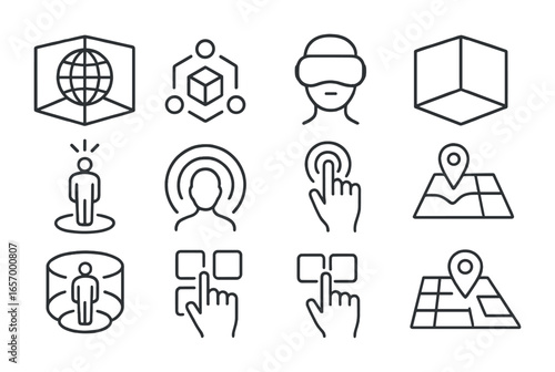 Virtual Reality Icons. Outline vector icons of virtual reality environments: 3D world, interactive objects,