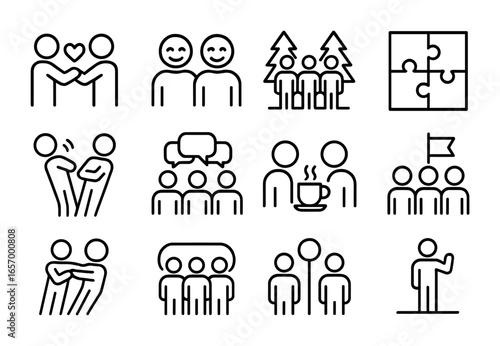 Team-Building Icons. Outline vector icons of team-building results: bonding activity, shared laugh, outdoor