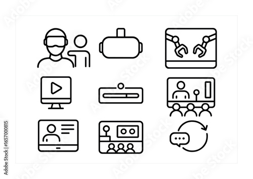 VR Training Icons. Outline vector icons of virtual reality training tools: VR instructor, training headset,