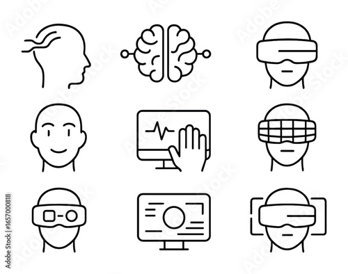 Future VR Icons Grid. Outline vector icons of future VR interfaces: neural input icon, brain-computer link,