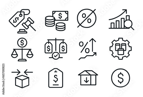 Anti-Inflation Icons Grid. Outline vector icons of anti-inflation measures: price control, monetary tightening