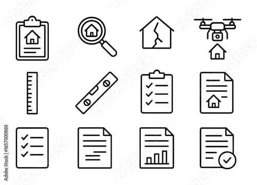 Building Inspection Icons. Outline vector icons of building inspection process: inspection clipboard,
