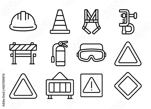 Construction Safety Icons. Outline vector icons of construction safety measures: hard hat, caution cone,