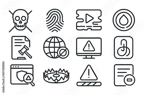 Anti-Piracy Icon Set. Outline icon set of anti-piracy technologies: pirate icon crossed, digital fingerprint,