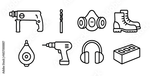 Tool Icons Grid. Outline vector icons of masonry and drilling tools: hammer drill, masonry bit, dust mask,