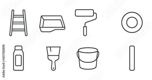 DIY Painting Tools Icons. Outline icon set of DIY wall painting tools: ladder, paint tray, sponge roller,