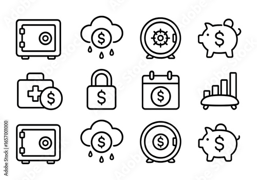 Emergency Funds Icons. Outline icon set of emergency funds: safety deposit box, rainy day icon, secure vault,