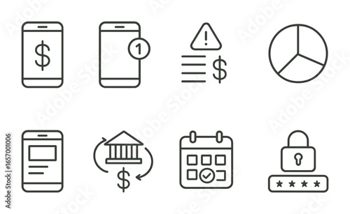 Money Management Icons. Outline icon set of money management apps: smartphone with dollar icon, notification