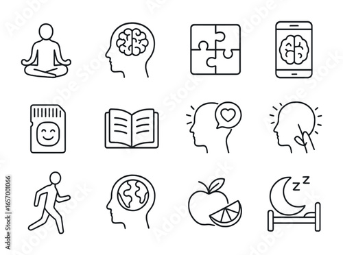 Intelligence Icons Grid. Outline vector icons of intelligence enhancement methods: meditation, brain training,