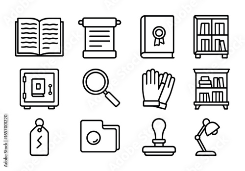 Rare Books Icons. Outline vector icons of rare books and archives: old manuscript, parchment scroll, sealed