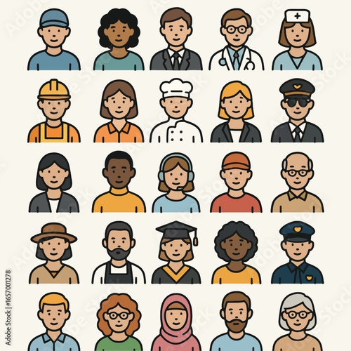 Diverse group of cartoon avatars representing various professions and backgrounds