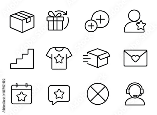 Subscription Rewards Icons. Outline vector icons of subscription rewards: subscription box, renewal gift,