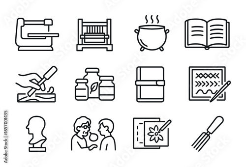 Heritage Craft Icons. Outline vector icons of heritage preservation crafts: scroll saw, heritage loom, old dye