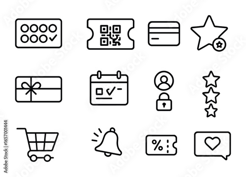 Customer Rewards Icons. Outline vector icons of customer rewards systems: loyalty stamp, QR coupon, digital