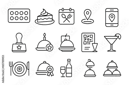 Restaurant Loyalty Icons. Outline vector icons of restaurant loyalty programs: punch card, free dessert,