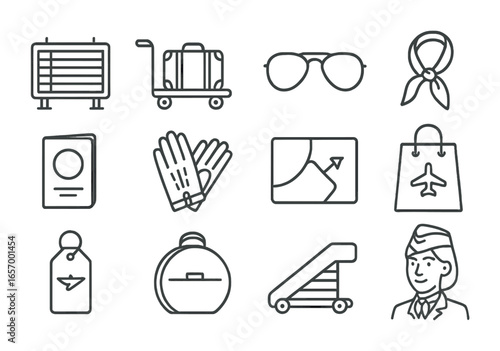 Retro Airport Icons. Outline vector icons of retro airport style: flight board, vintage trolley, aviator