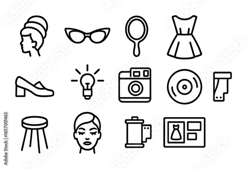 1960s Fashion Icons. Outline vector icons of 1960s fashion editorial: beehive hairdo, cat-eye glasses,