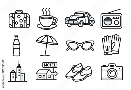 1950s Travel Icons. Outline vector icons of 1950s travel charm: polka suitcase, diner coffee, old car, retro