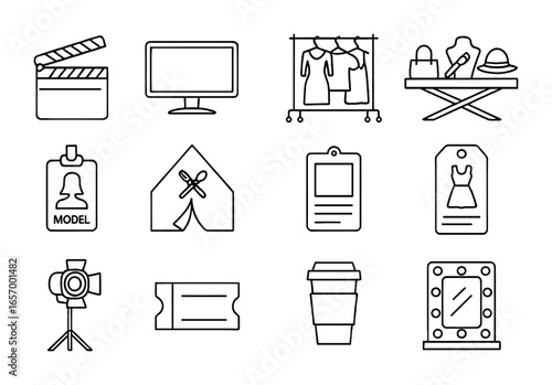 Fashion Film Set Icons. Outline vector icons of fashion film set design: film slate, director monitor, costume