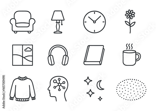 Solitude Icons Grid. Outline vector icons of solitude and self-exploration: armchair, dim lamp, quiet clock,