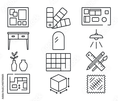 Interior Design Tools. Outline icon set of interior styling tools: mood board, wall swatches, furniture layout