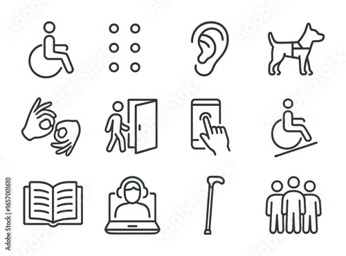 Accessibility Icon Set. Outline icon set of accessibility and inclusion: wheelchair, Braille dot, hearing aid,