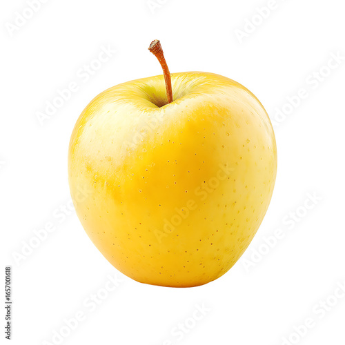 A gleaming yellow apple with a small brown stem showcasing its smooth skin and fresh healthy appearance
