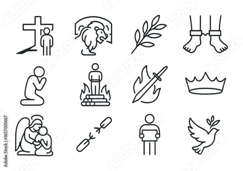 Christian Martyrdom Icons. Outline icon set of Christian martyrdom: cross shadow, lion arena, olive branch,