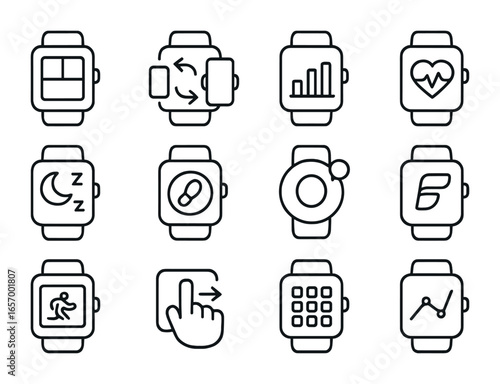 Fitness App Icon Set. Outline icon set of fitness tracker apps and interfaces: dashboard icon, mobile sync,