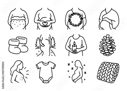 Winter Maternity Icons. Outline icon set of winter maternity photo shoots: snow-covered belly, heart on bump,