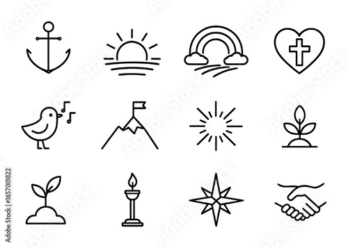 Christian Faith Symbols. Outline icon set of Christian faith and hope symbols: anchor symbol, sunrise, promise