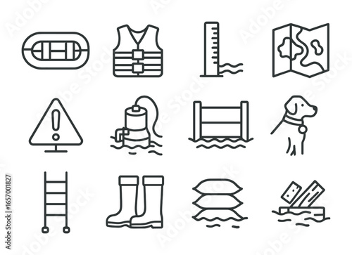 Flood Response Icons. Outline icon set of flood disaster response tools: inflatable raft, life jacket, water