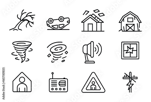 Windstorm Icons Grid. Outline icon set of windstorm and tornado damage: twisted tree, overturned car, roof