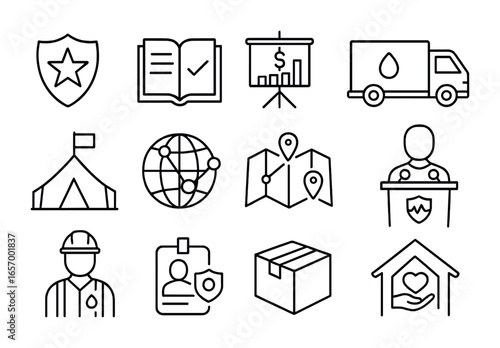 Disaster Response Icons. Outline icon set of government and NGO disaster response: agency badge, policy book,