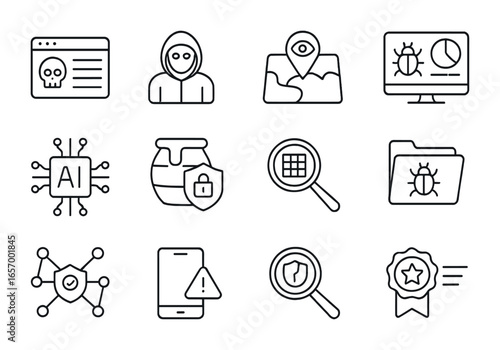 Threat Intelligence Icons. Outline icon set of threat intelligence systems: threat feed, attacker profile, IP