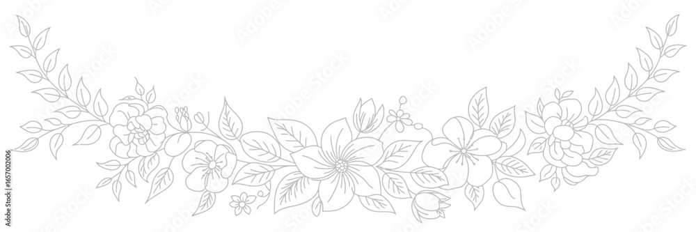 Fototapeta premium A delicate floral arrangement featuring outlined blossoms and leaves in a symmetrical curved design on white
