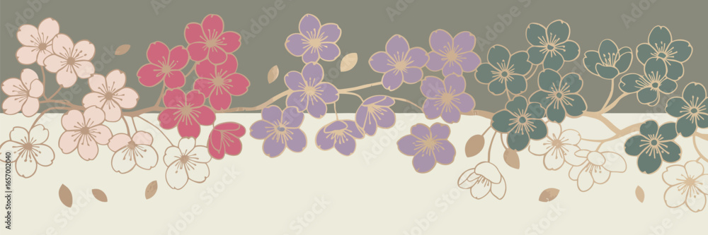 Obraz premium A floral arrangement featuring pink red purple and green flowers on branches against a two tone background