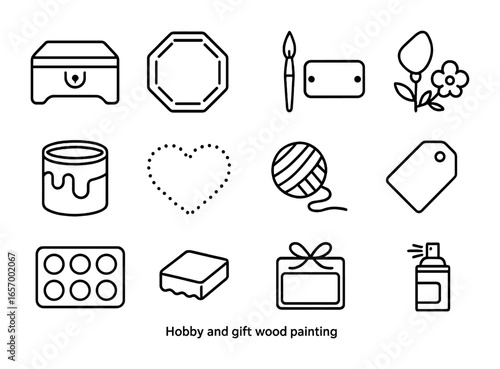 Wood Painting Icons. Outline icon set of hobby and gift wood painting: jewelry box, coaster, nameplate, floral