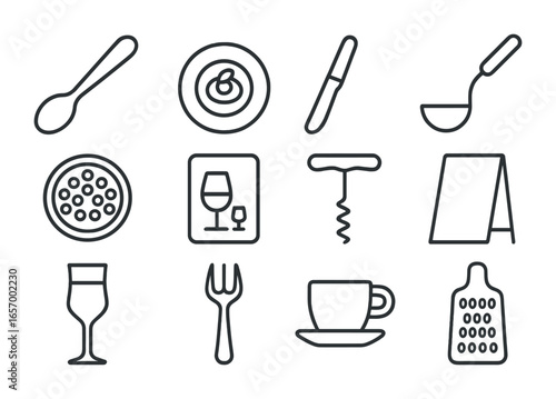Fine Dining Icons. Outline icon set of fine dining details: tasting spoon, amuse-bouche plate, bread knife,
