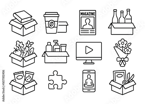 Subscription Gift Icons. Outline icon set of subscription gifts: book box, coffee subscription, magazine issue